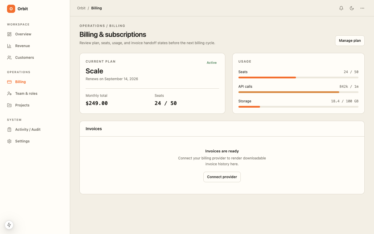 SaaS Dashboard Billing / Subscriptions route screenshot